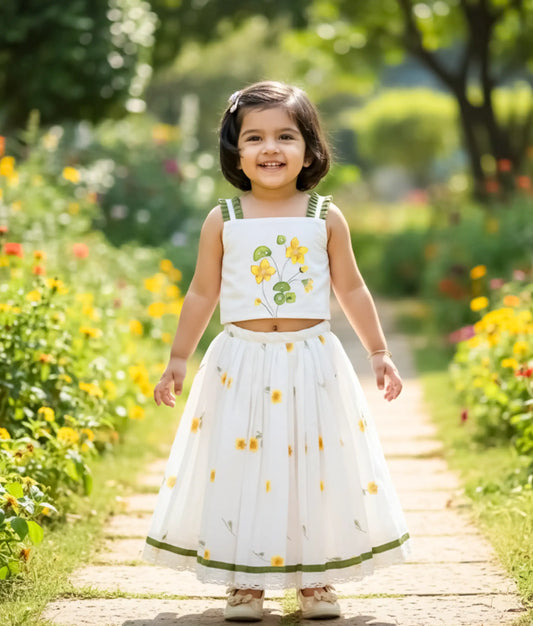 White Cotton Hand-Painted Flower Design Skirt and Top For Baby Girl [Pre-Order: 5413]
