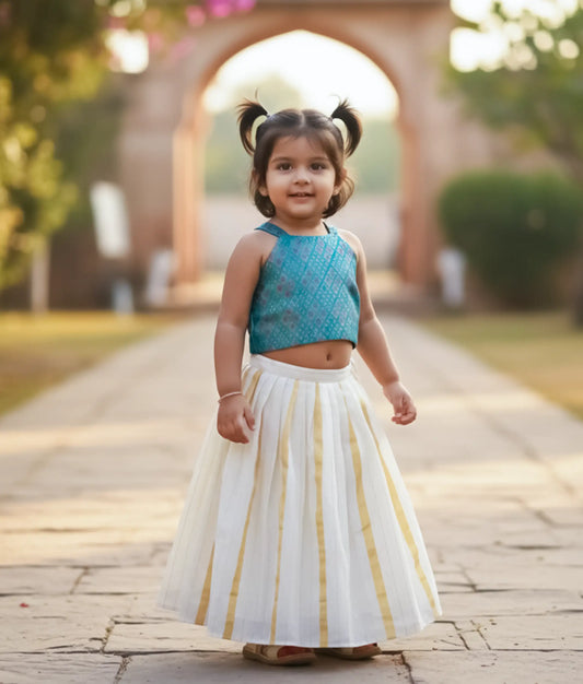 Peacock Blue Banarasi Top With Kasav Line Skirt For Baby Girl [Ready to ship:5453]