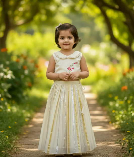 Off-white Cotton embroidery Top with Kasavu Line Skirt For Baby Girl [Ready to ship: 5461]