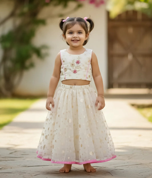 Off-white Crepe Banarasi handworked Top and Skirt For Baby Girl [Ready to ship:5476]