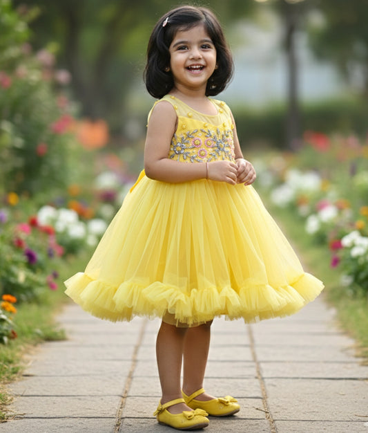 Yellow Tulle Net Handworked Birthday Frock For Baby Girl [Ready To Ship: 6957]