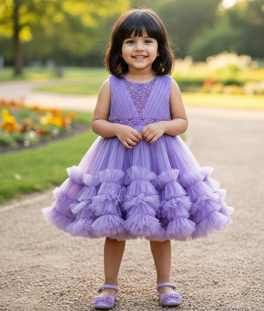 Lavender Tulle Net Handworked Party Wear Frock For Baby Girl [Ready To Ship: 6966]
