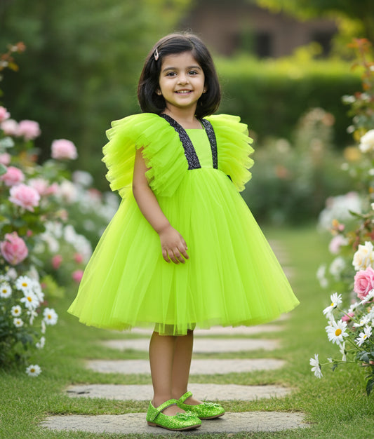 Green Tulle Net Casual Frock For Baby Girl [Ready To Ship: 7117]