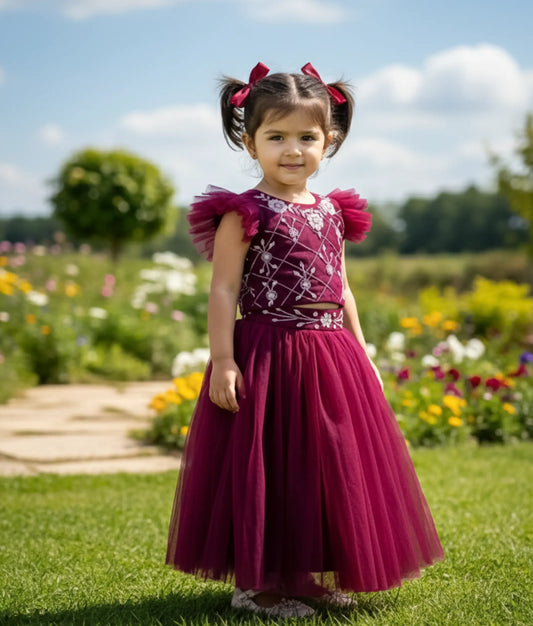 Grape wine Handworked Crop Top with Full Length Skirt For Baby Girl[Ready to Ship: 7285]