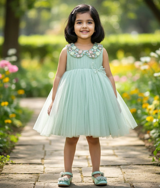 Pastel Green Tulle Net Handworked Party Frock For Baby Girl [Ready To Ship :7315]
