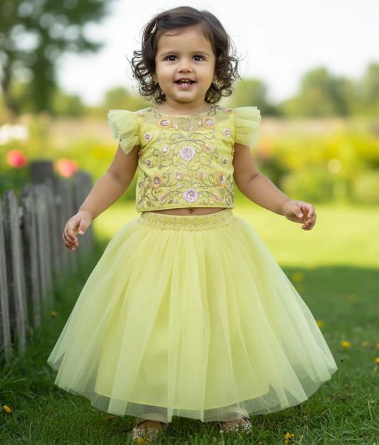 Pastel Yellow Handworked  Crop Top With Full Length Skirt  For Baby Girl [Ready To Ship :7349]
