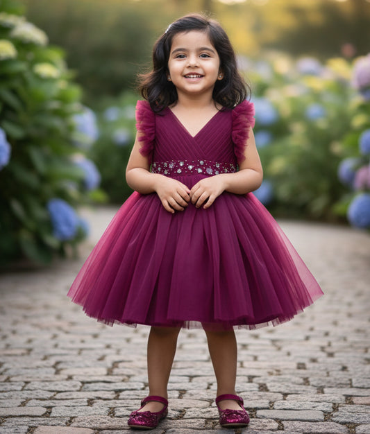 Grape Wine Tulle Net Handworked Birthday Frock For Baby Girl [Ready To Ship: 7488]