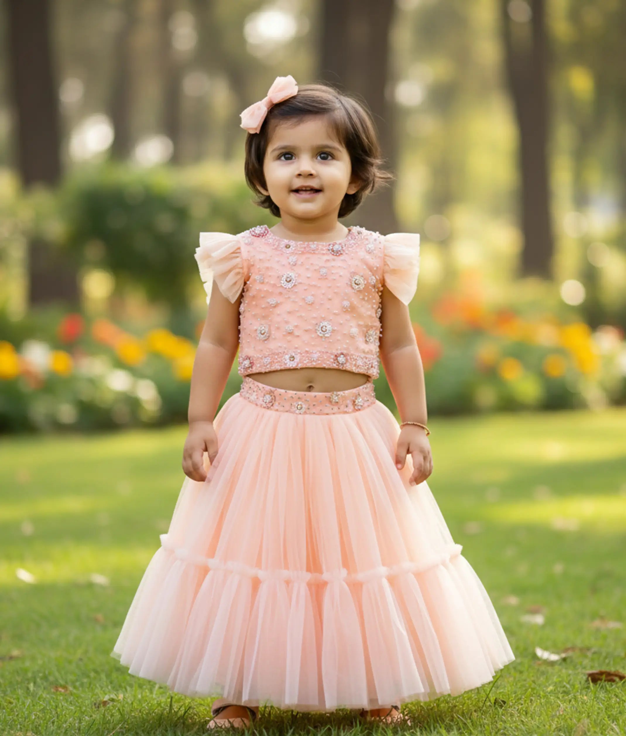 Peach Tulle Net Handworked Crop Top With full Length Skirt For Baby Girl [7613]