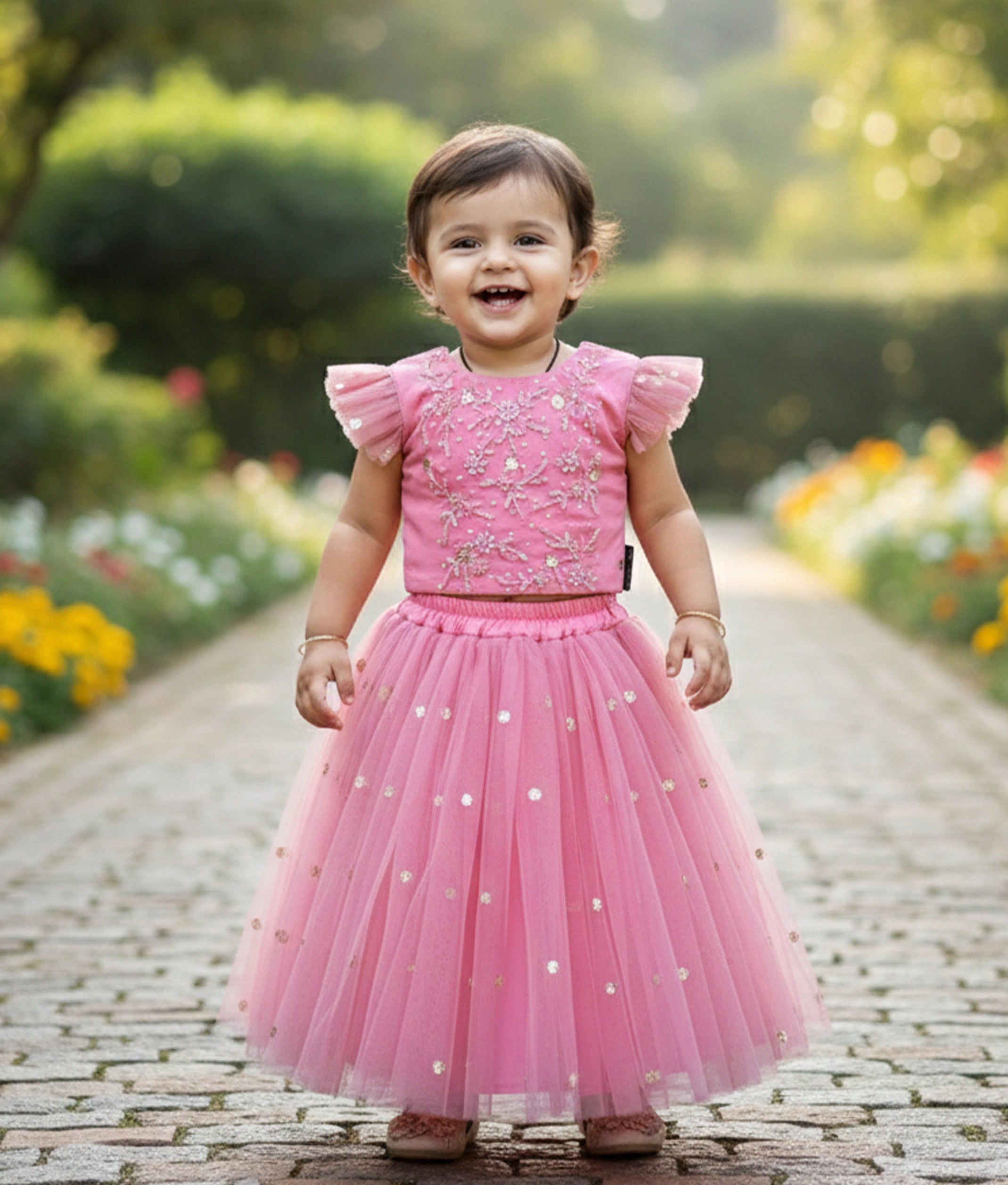 Pink Tulle Net handworked Crop Top With Full Length Skirt For baby Girl [7732]