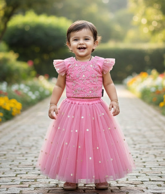 Pink Tulle Net handworked Crop Top With Full Length Skirt For baby Girl [Ready To Ship: 7732]
