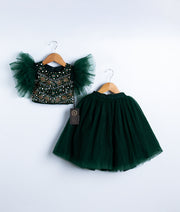 Bottle Green Tulle Net Handworked Crop Top With Full Length Skirt For Baby Girl [7867]