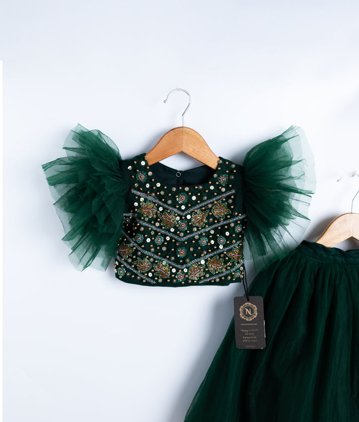 Bottle Green Tulle Net Handworked Skirt and Top 18 (1 to 2yrs)