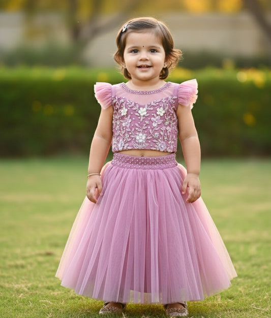 Pastel Pink Tulle Net Handworked Crop Top With Full Length Skirt For Baby Girl [Ready To Ship: 7870]