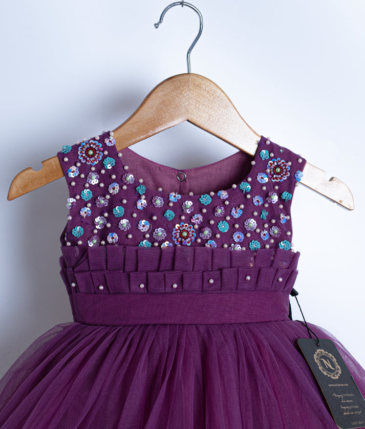 Grape Wine Tulle Net Handworked Birthday Frock For Baby Girl [Ready to ship : 7874]
