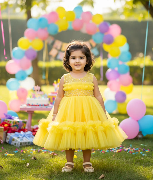 Yellow Tulle Net  Handworked Birthday Frock For Baby Girl Ready to ship :7888]