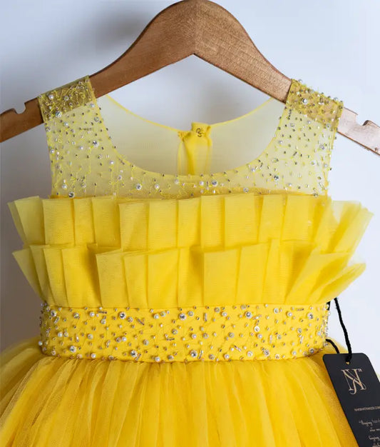 Yellow Tulle Net  Handworked Birthday Frock For Baby Girl Ready to ship :7888]