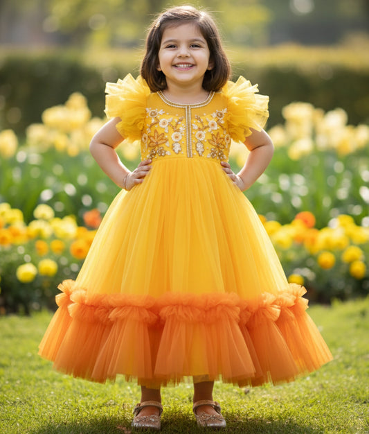 Yellow Tulle Net Handworked Birthday Frock For Baby Girl [Ready To Ship: 7956]