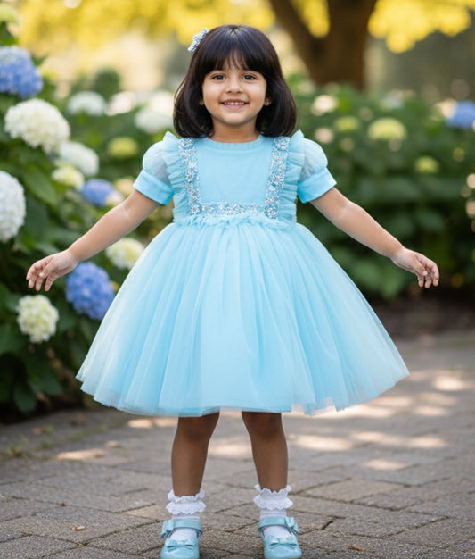 Light blue Handwork Birthday Frock For Baby Girl [Ready To Ship: 892A]