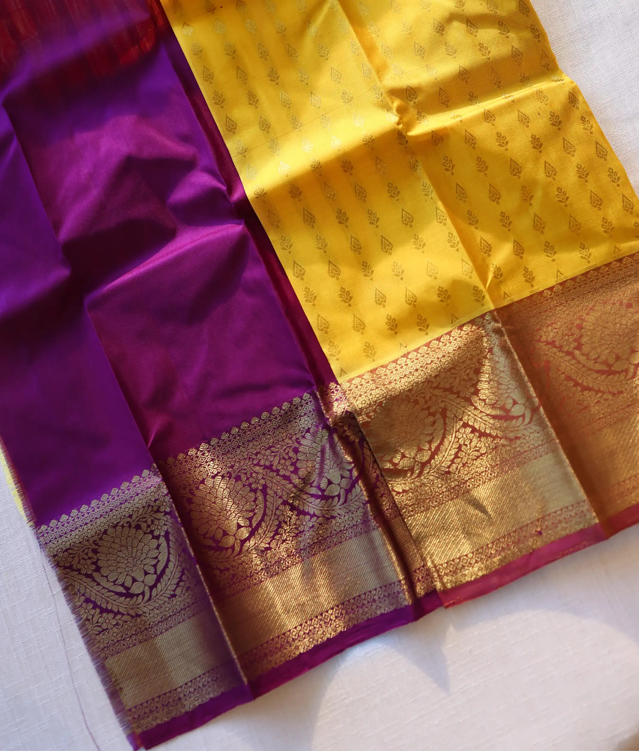 Yellow and Purple Pure Kanchipuram Silk Unstitched Fabric for Pattu Pavadai [KP1008]