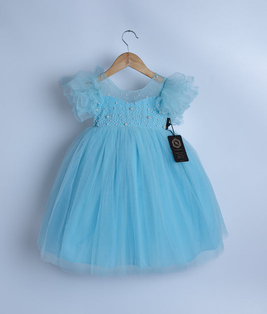 A pastel blue tulle net frock displayed on a hanger.