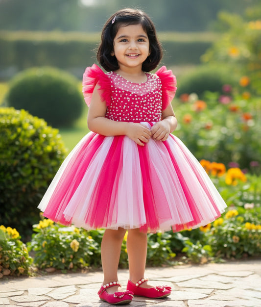 Hot pink and baby Pink Shade Tulle Net Birthday Frock For Baby Girl [Ready To Ship: 7876]