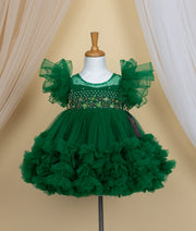 Bottle Green Tulle Net Handworked Birthday Frock for baby girl [Ready to ship : 2451]