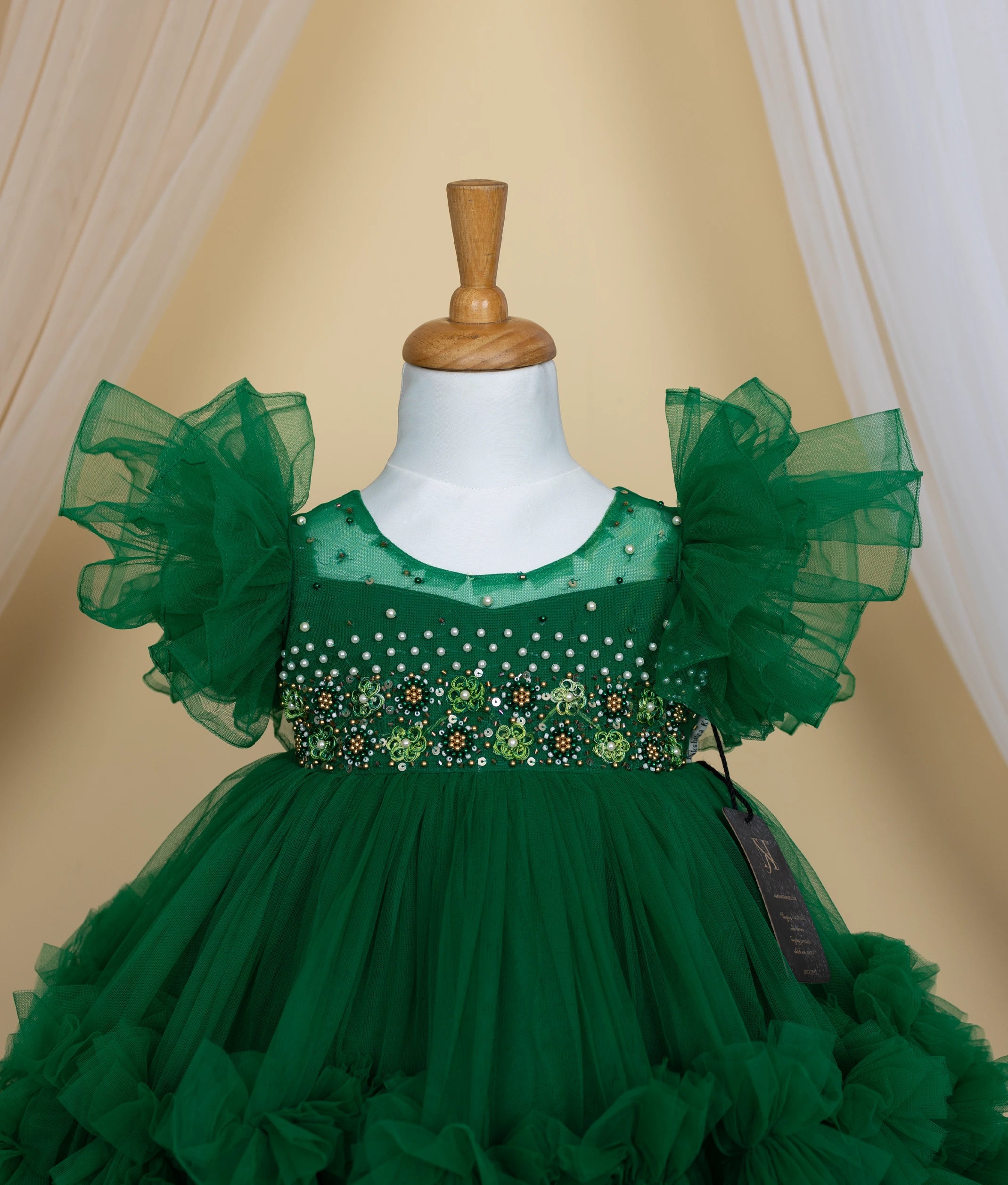 Bottle Green Tulle Net Handworked Birthday Frock for baby girl [Ready to ship : 2451]