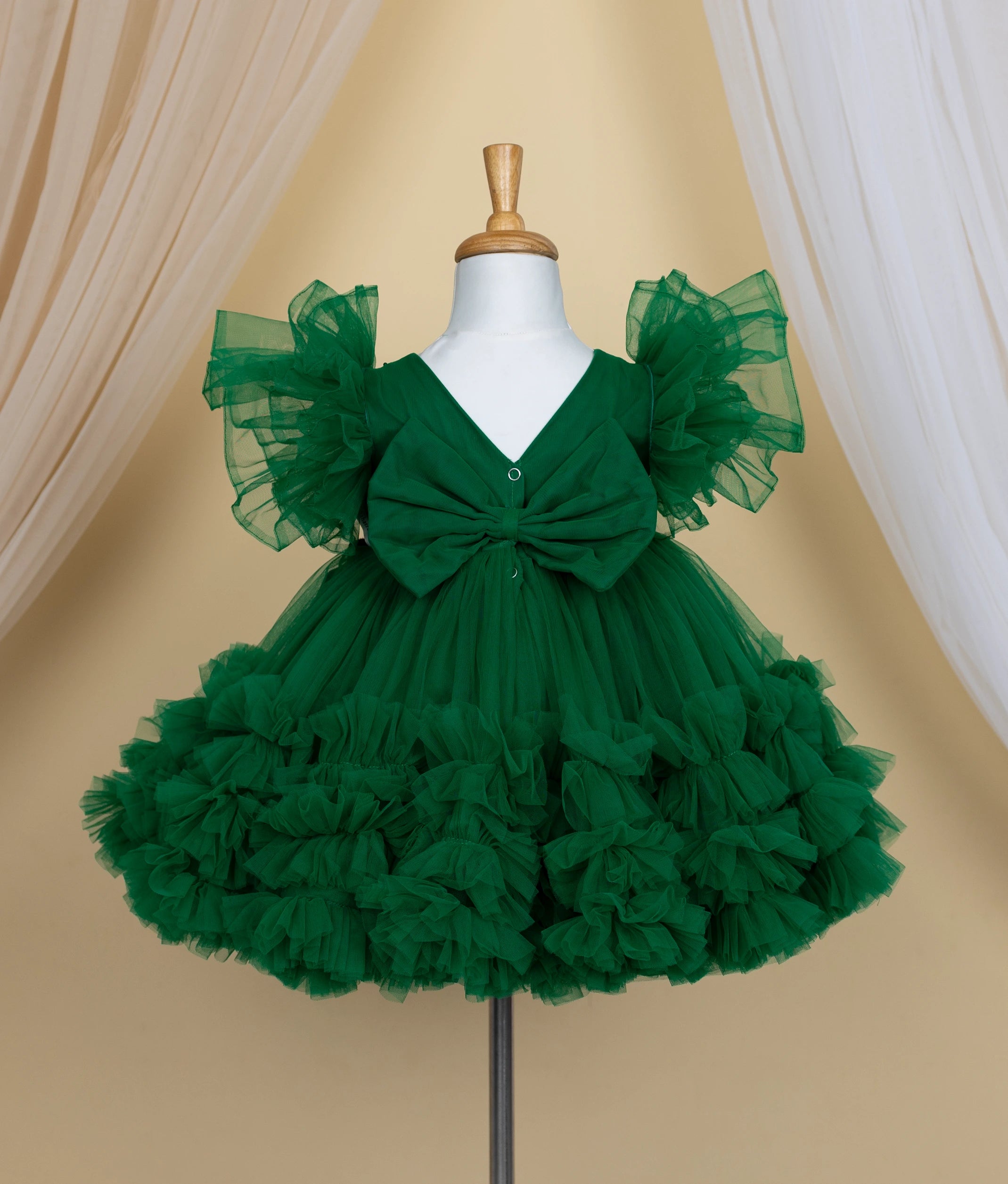 Bottle Green Tulle Net Handworked Birthday Frock for baby girl [Ready to ship : 2451]