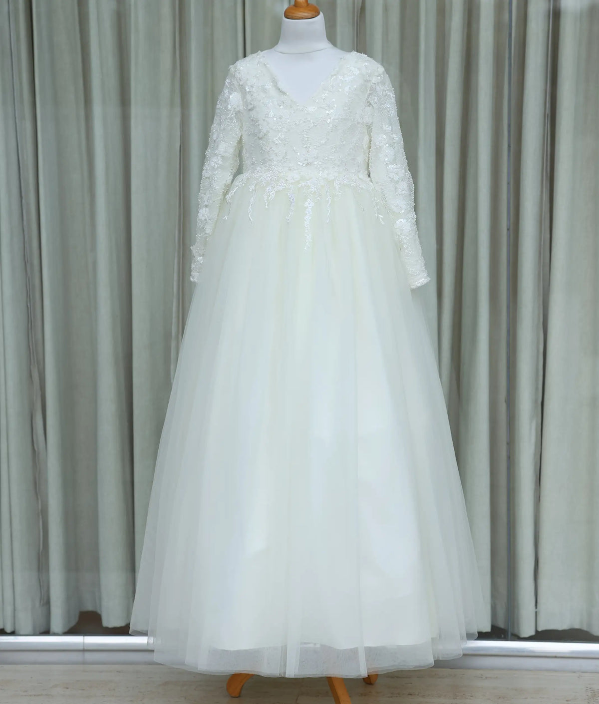 Off-White Tulle Net and Work Material Holy Communion Gown for Girl [6603]