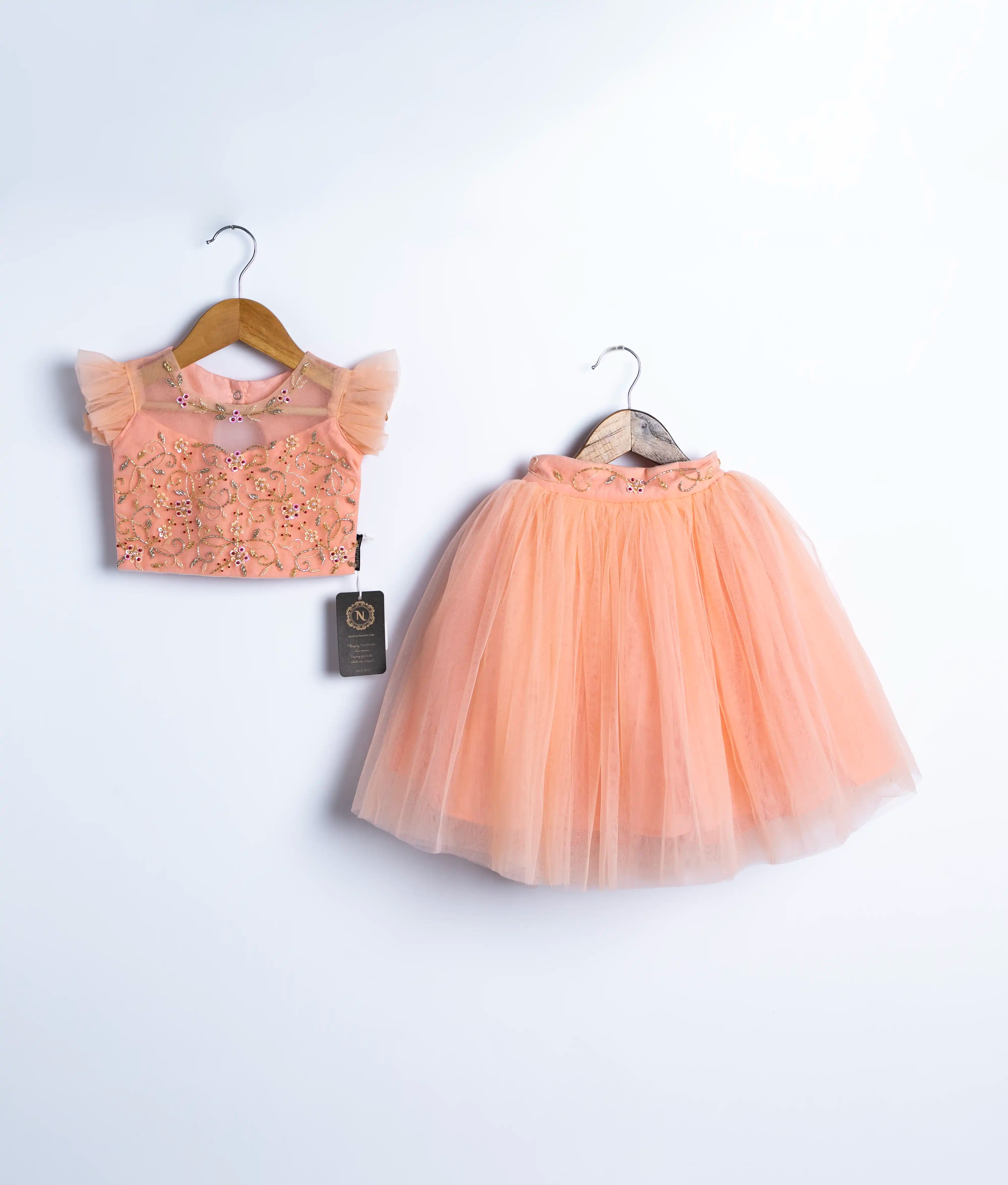 Peach Tulle Net Handworked Crop Top With Full Length Skirt For Baby Girl [Ready to ship :2197]