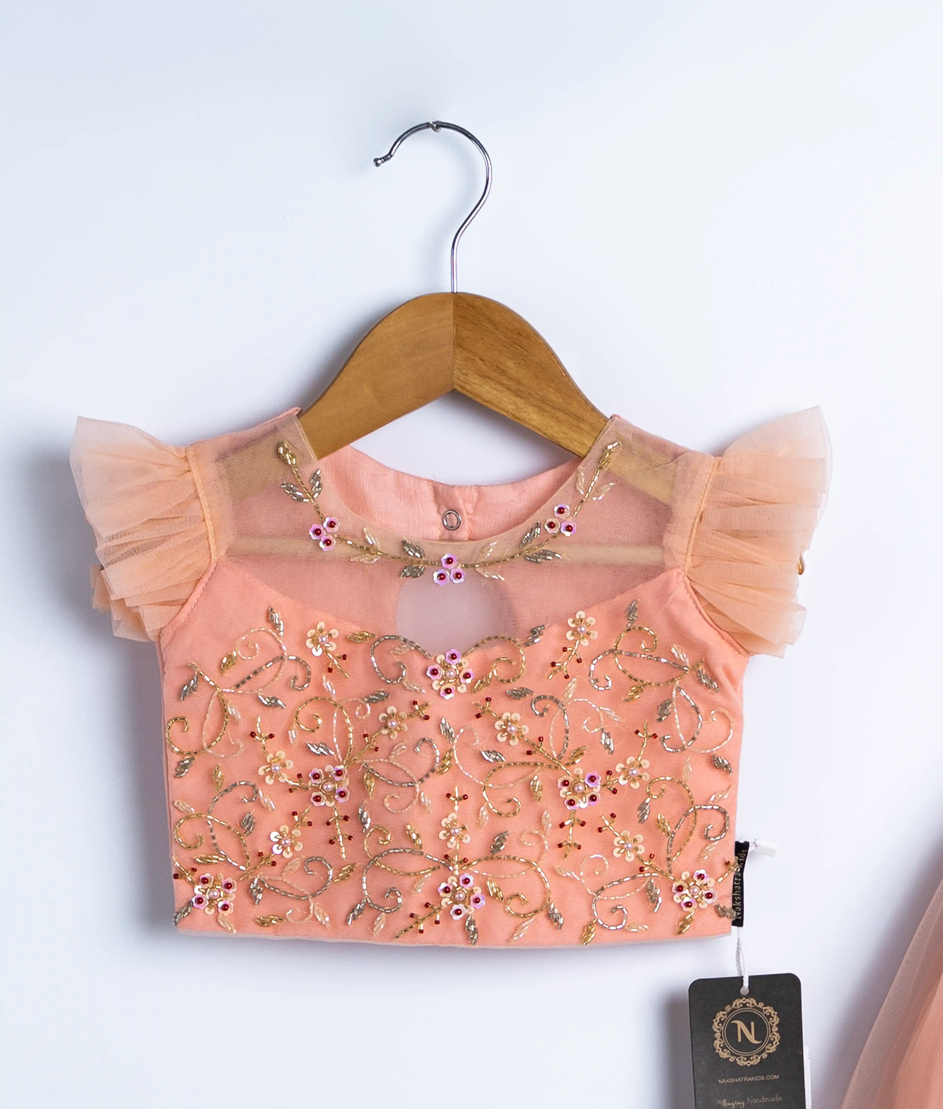 Peach Tulle Net Handworked Crop Top With Full Length Skirt For Baby Girl [Ready to ship :2197]