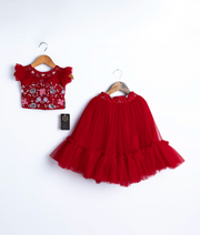 Red Tulle Net Handworked Crop Top With Full Length Skirt For Baby Girl [2275}