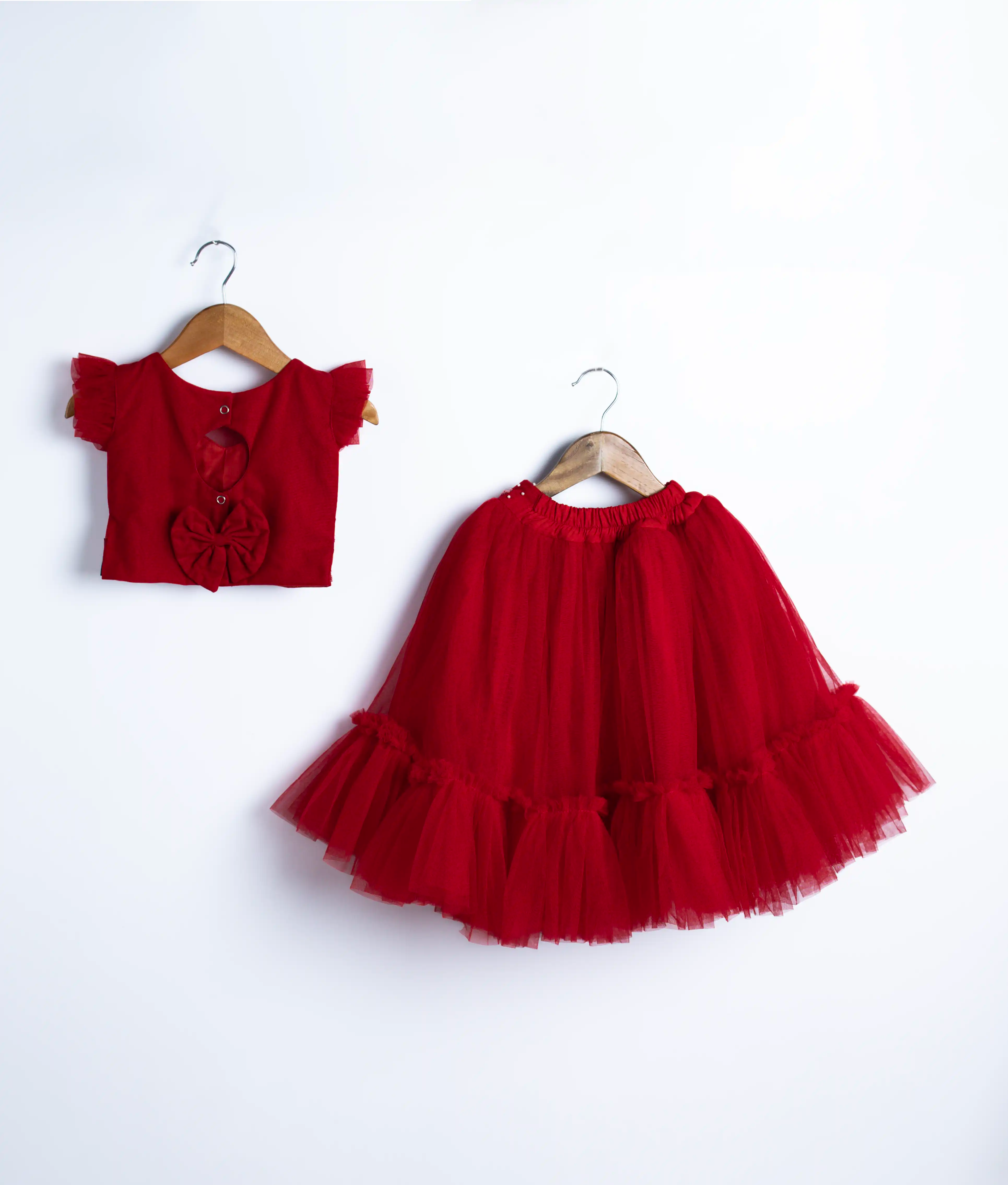 Red Tulle Net Handworked Crop Top With Full Length Skirt For Baby Girl [2275}