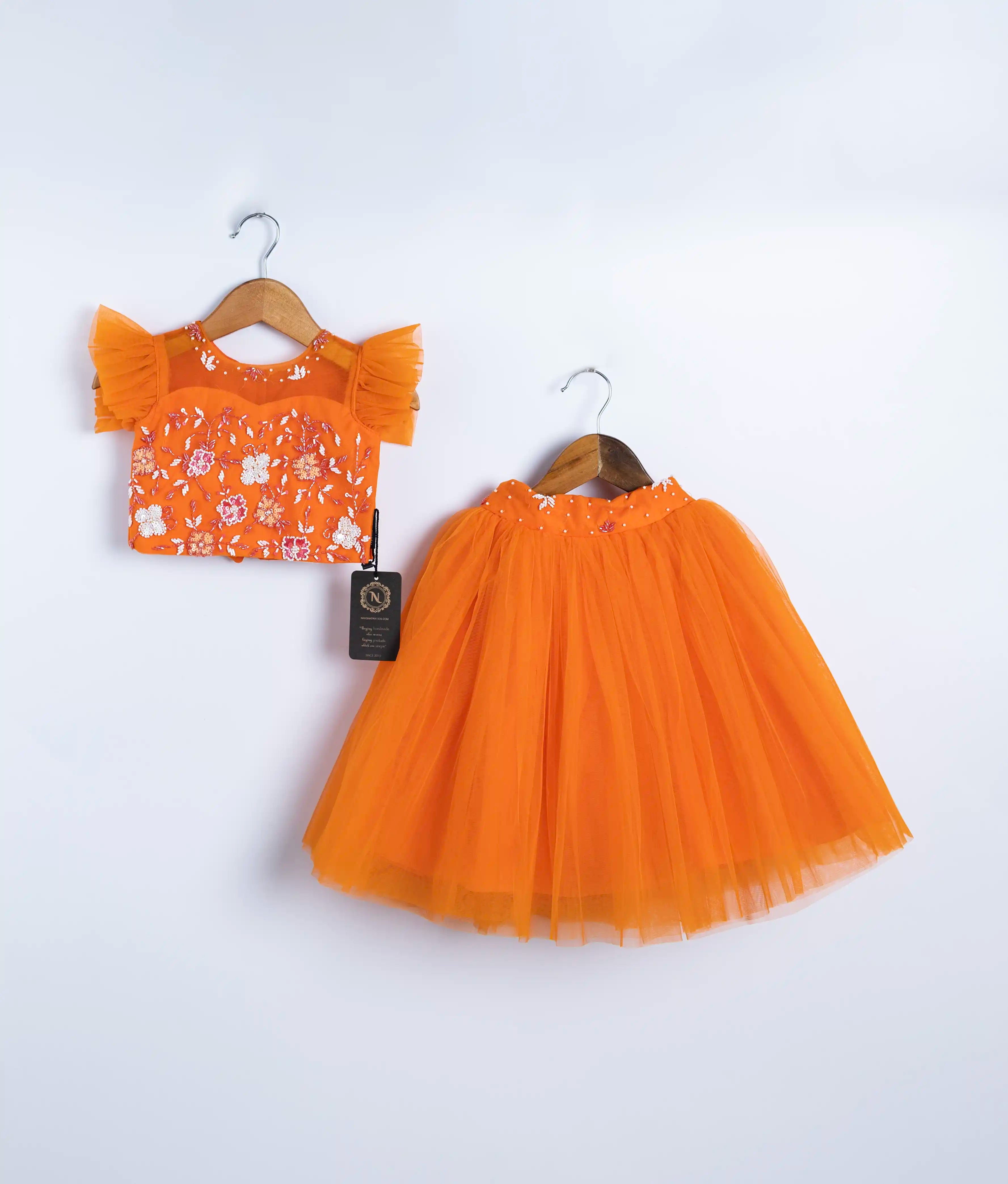Orange Tulle Net Handworked Crop With Full Length Skirt For Baby Girl [2277]