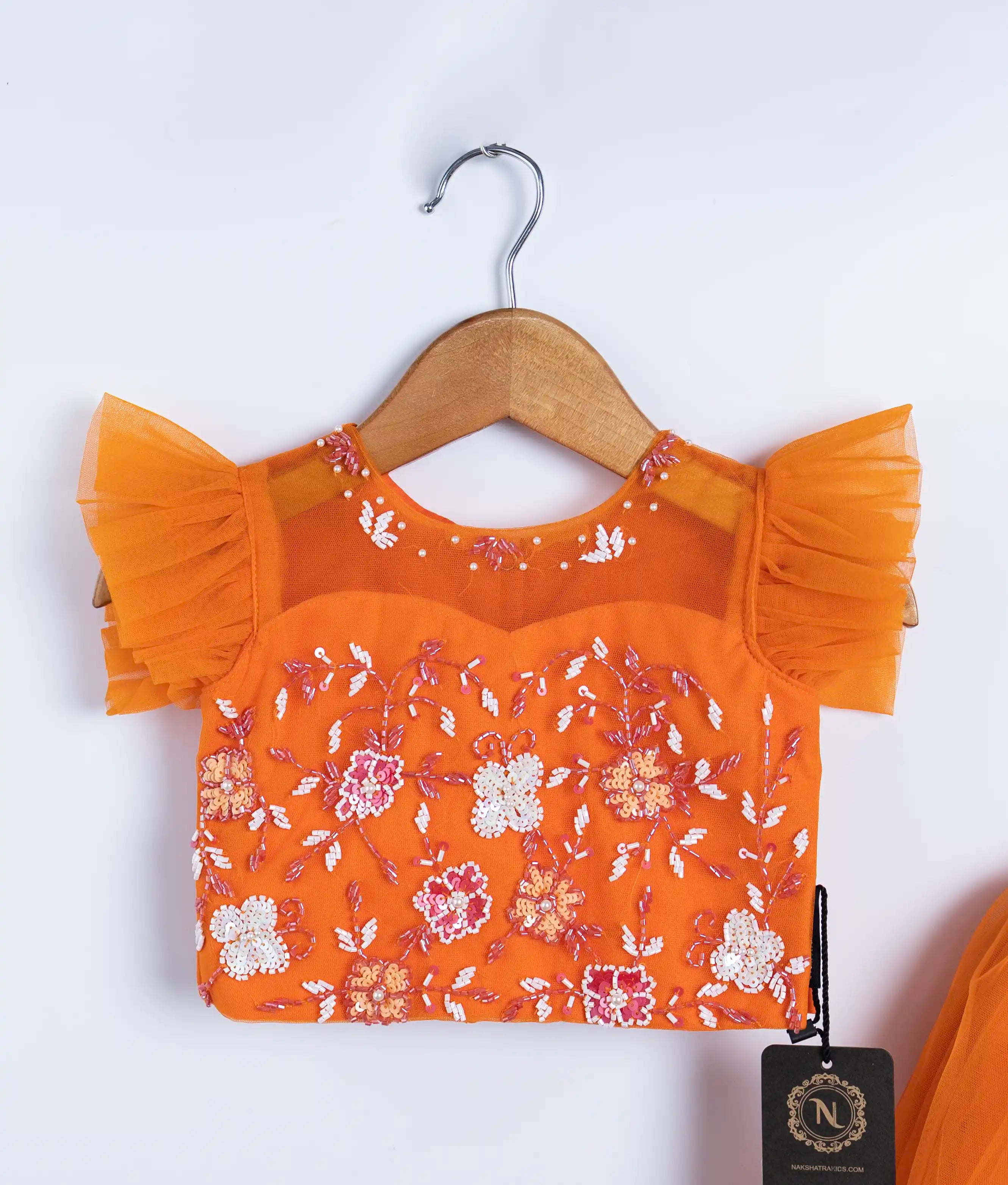 Orange Tulle Net Handworked Crop With Full Length Skirt For Baby Girl [2277]