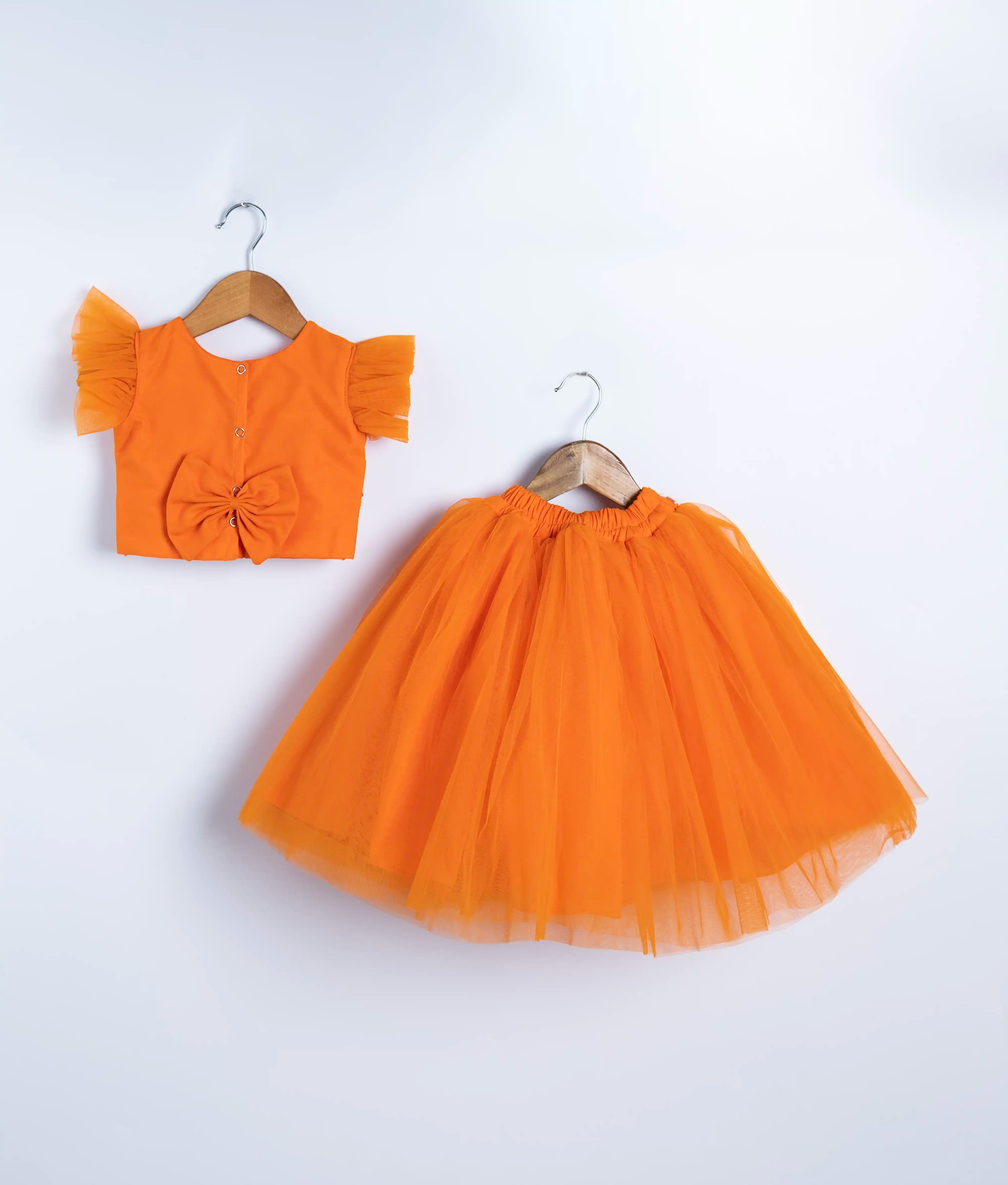 Orange Tulle Net Handworked Crop With Full Length Skirt For Baby Girl [2277]