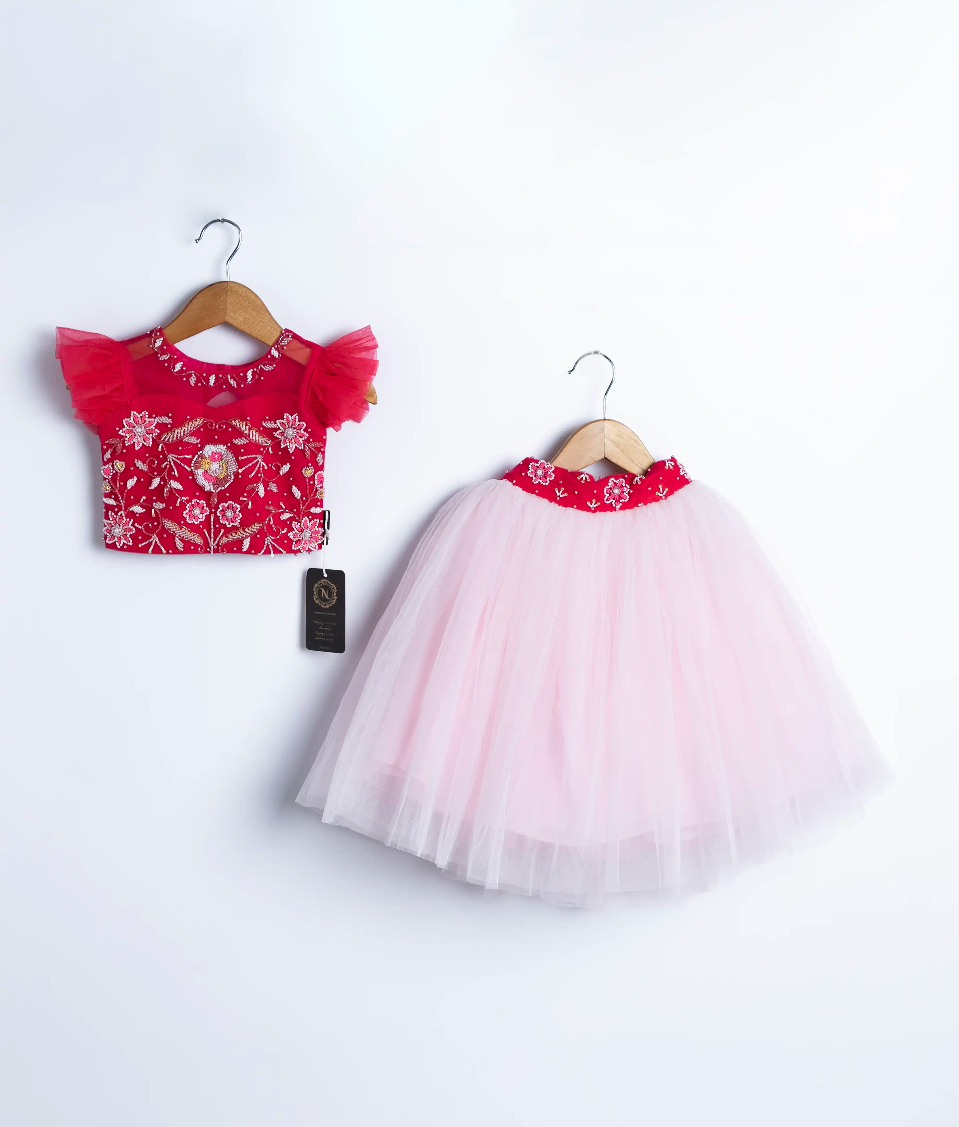 Hot pink  Handwork Crop Top with Pastel Pink Full Length Skirt For Diwali [Ready to ship :2340]