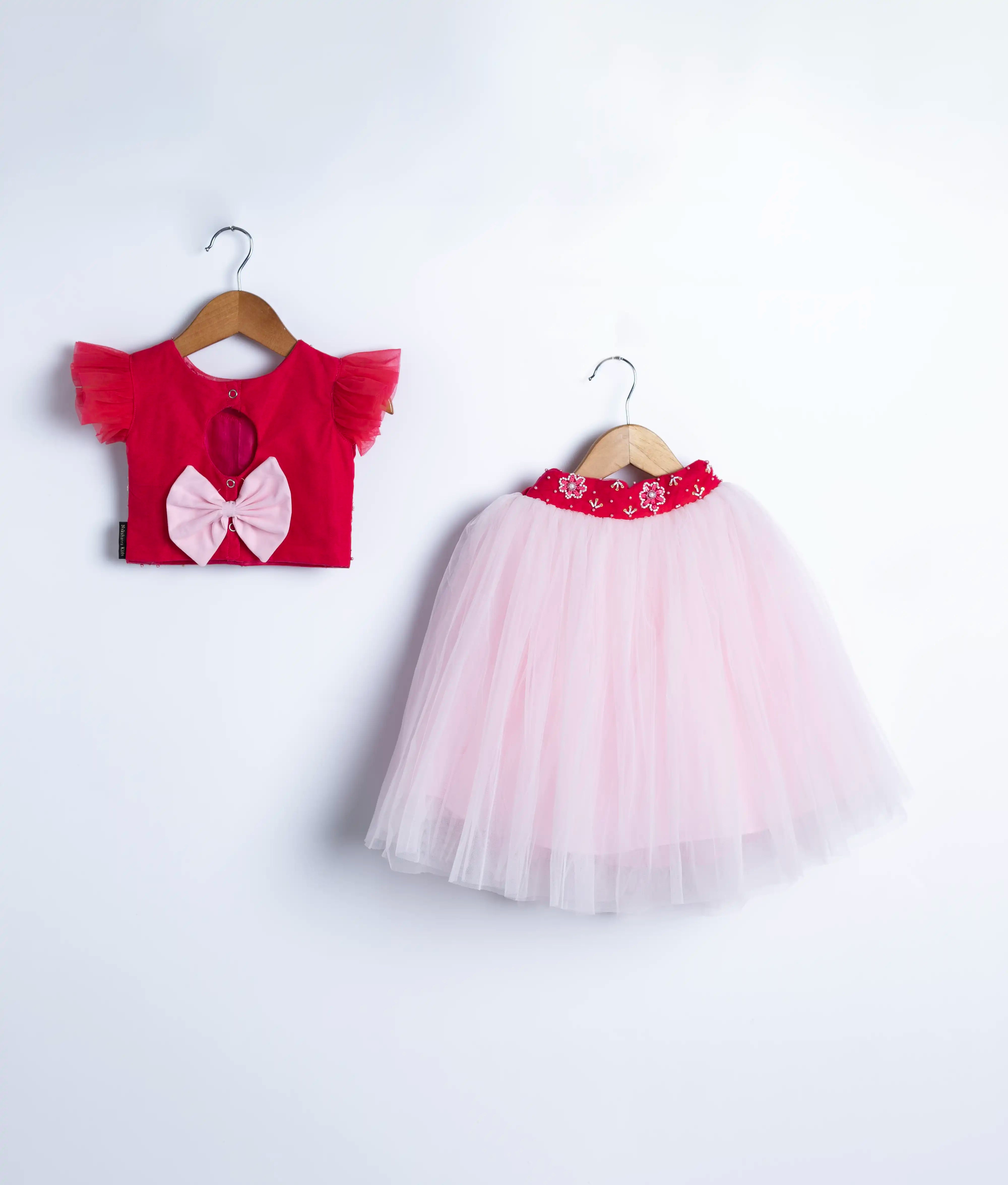 Hot pink  Handwork Crop Top with Pastel Pink Full Length Skirt For Diwali [2340]