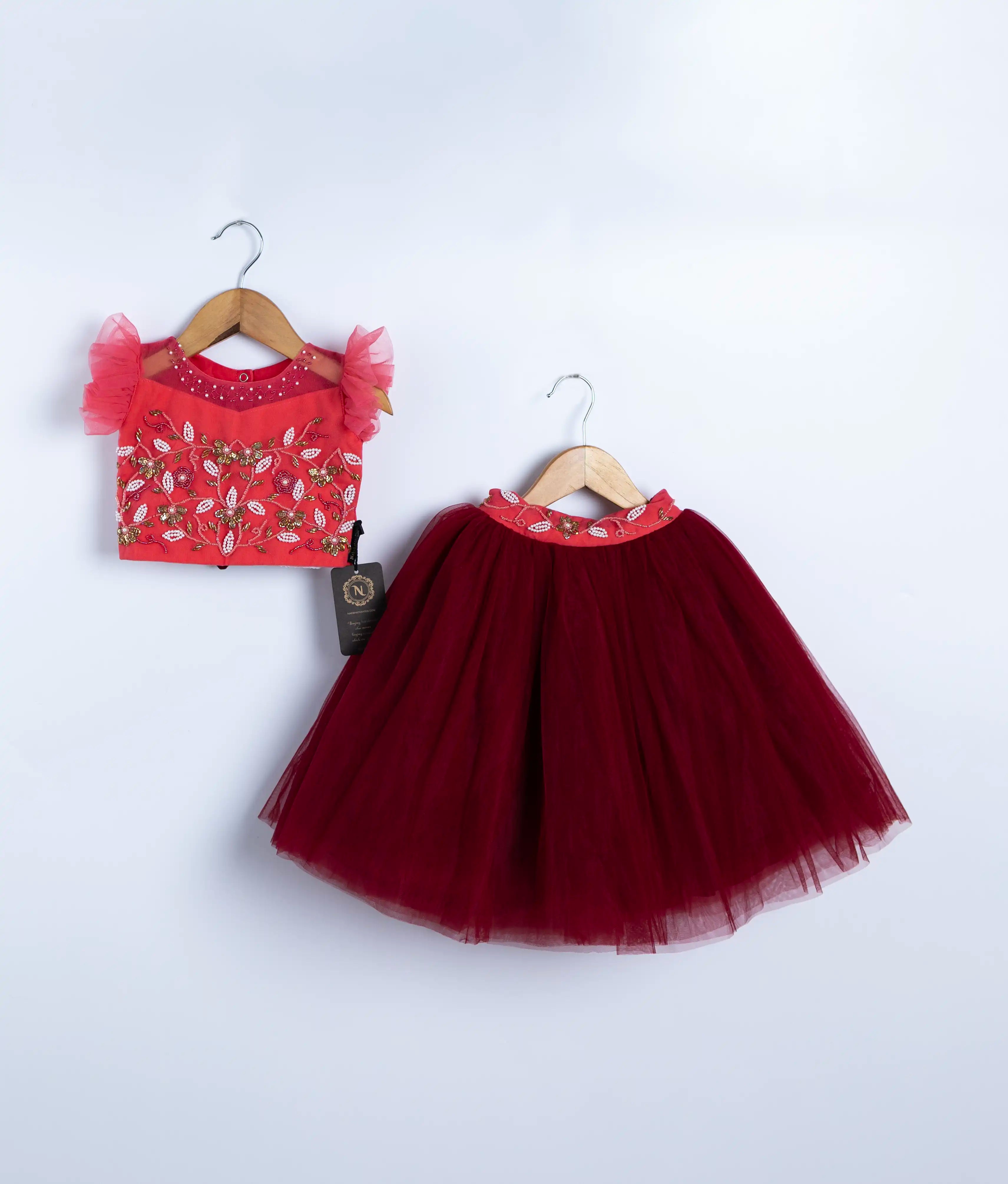 Pink handworked tulle net crop top with Maroon full skirt for baby girl birthday[Ready To Ship :7941A]