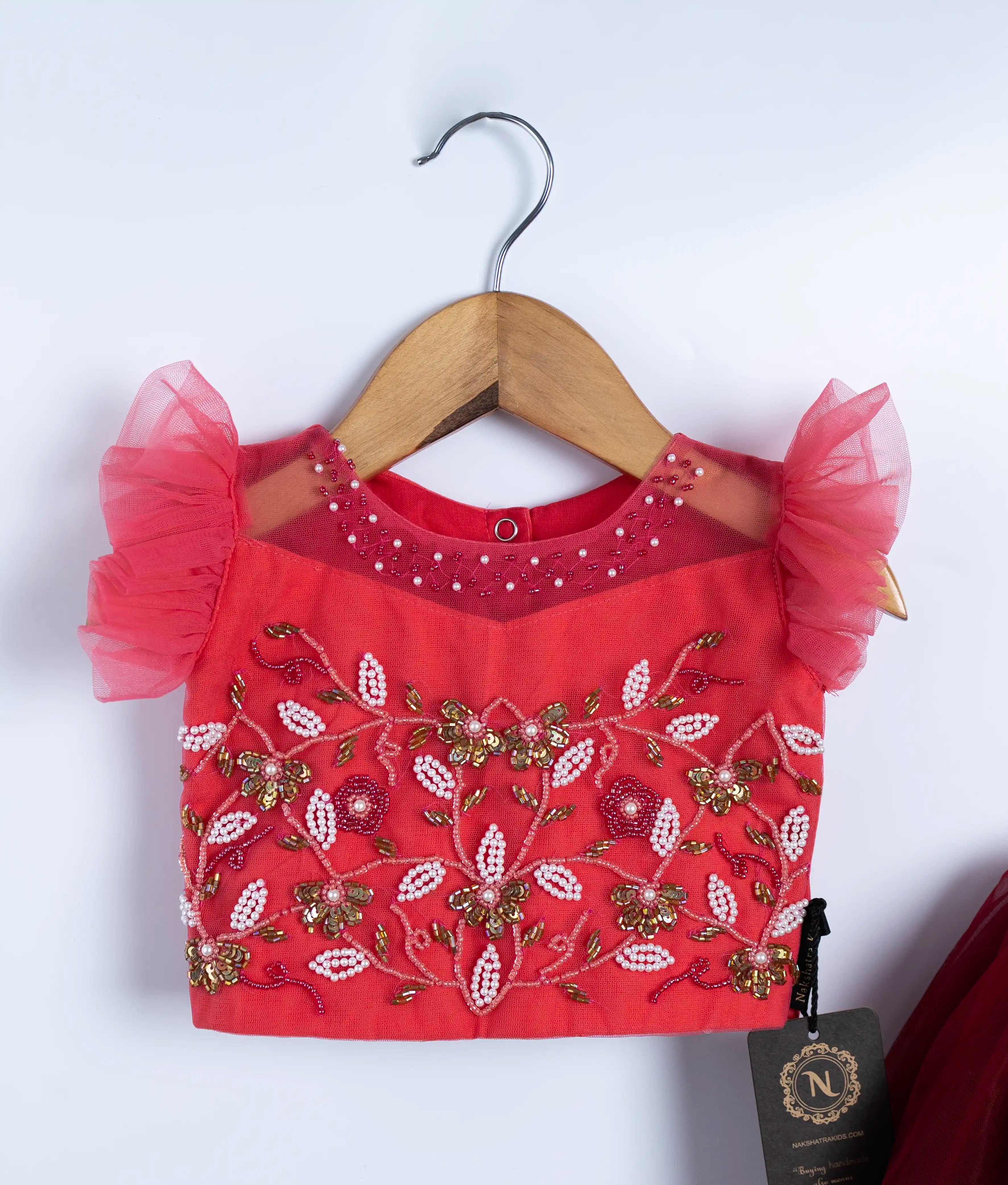 Pink handworked tulle net crop top with Maroon full skirt for baby girl birthday[7941A]