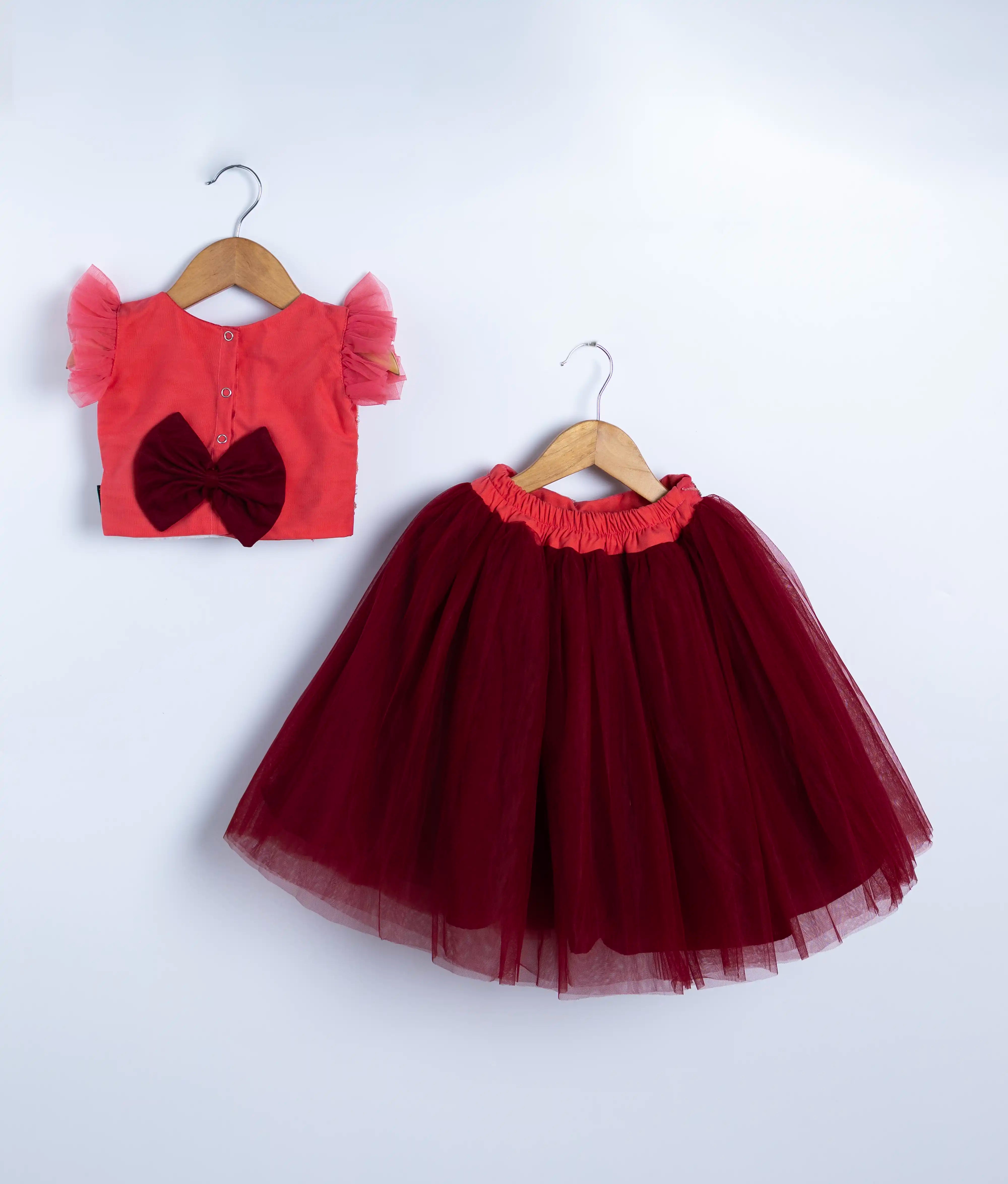 Pink handworked tulle net crop top with Maroon full skirt for baby girl birthday[7941A]