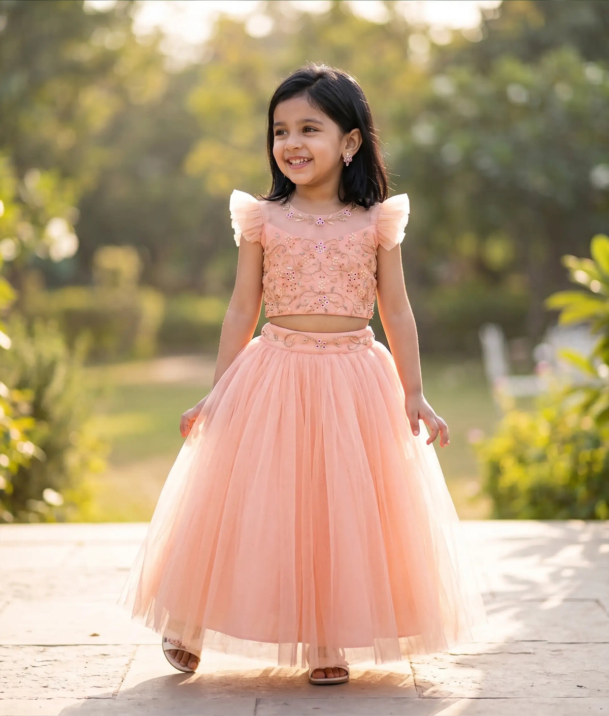 Peach Tulle Net Handworked Crop Top With Full Length Skirt For Baby Girl [2197]
