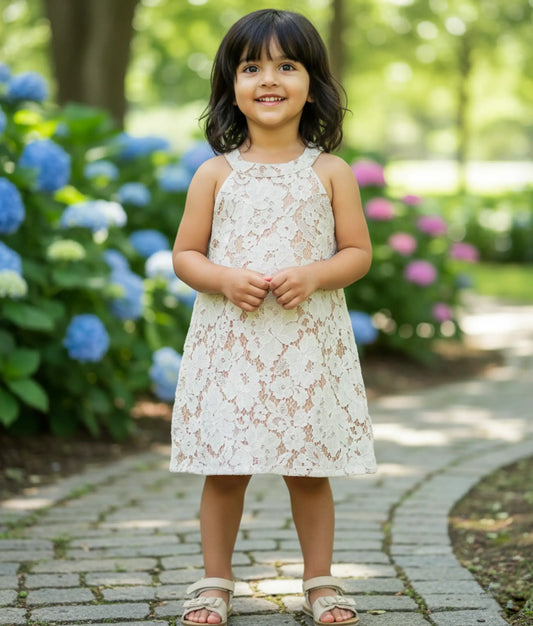 Beige Wedding Lace Fabric A-line Frock for Baby Girl [Ready to ship:5538]