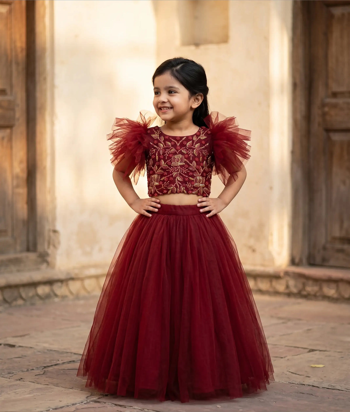 Maroon Handwork Top With Full Length Skirt For Baby Girl [7461]