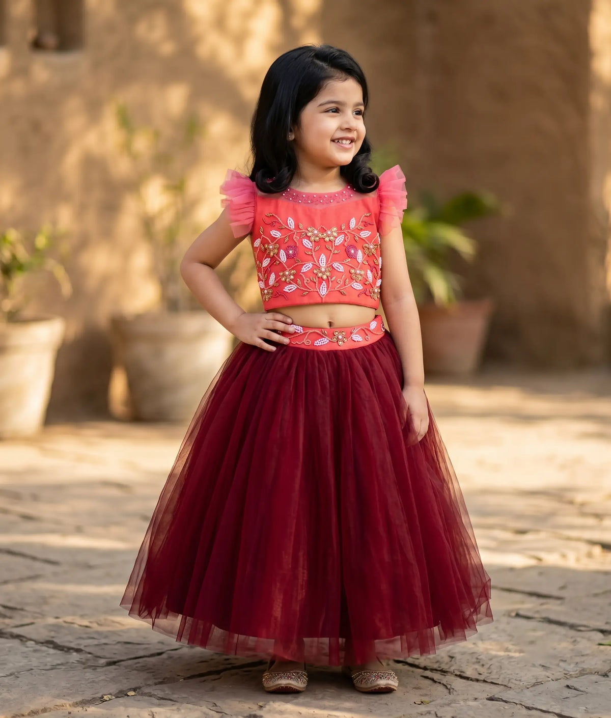 Pink handworked tulle net crop top with Maroon full skirt for baby girl birthday[7941A]
