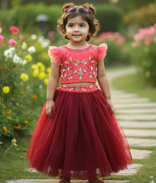Pink handworked tulle net crop top with Maroon full skirt for baby girl birthday[Ready To Ship :7941A]