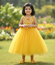 Mango Yellow Tulle Net Handworked Birthday Frock for Baby Girl [2256]