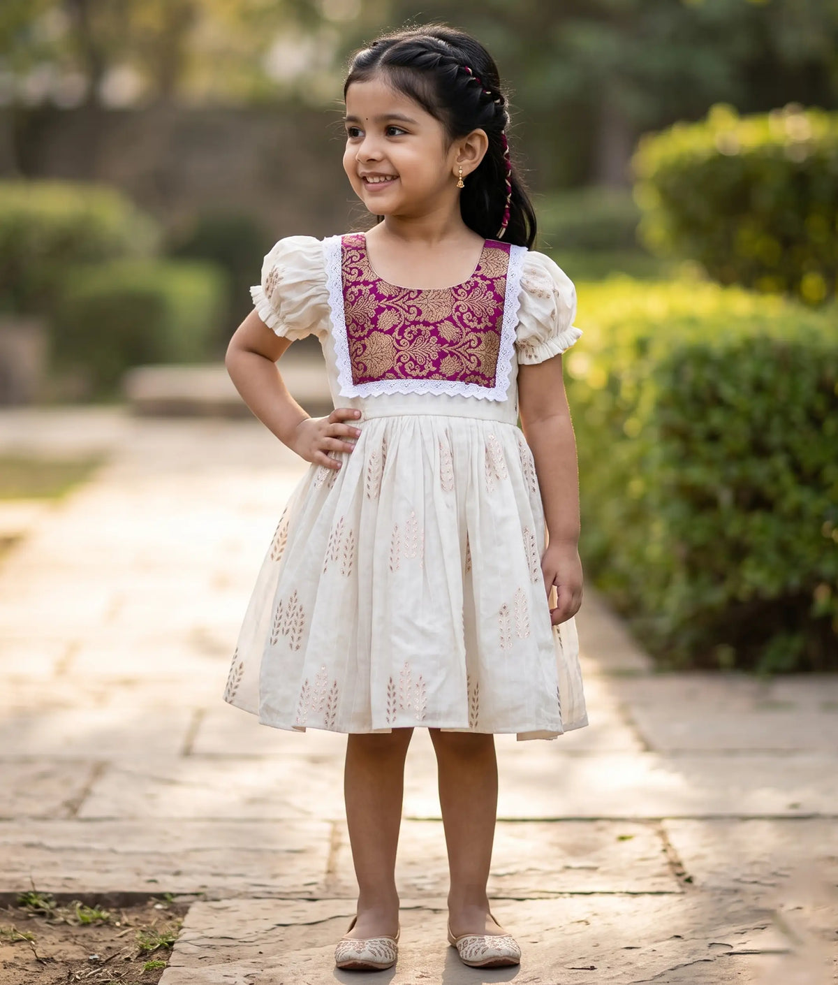 Off-white chanderi Frock For Vishu and Onam [ 2802]