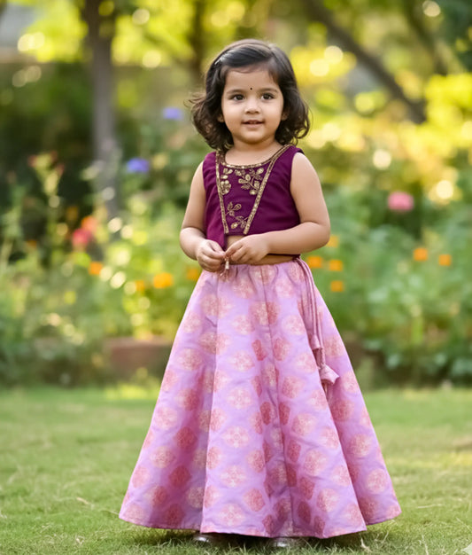 Lavender Banarasi Skirt with Purple Hand worked Top for Baby Girl [Ready to ship:5114]