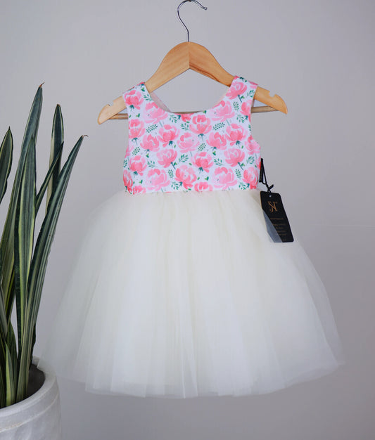 Pink Floral Print Yoke With Offwhite Tulle Net Skirt Frock For Baby Girl [Ready to ship :5291]